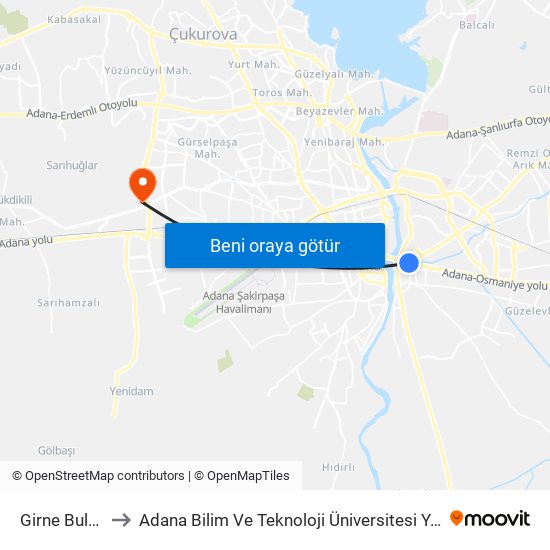Girne Bulvari 1a to Adana Bilim Ve Teknoloji Üniversitesi Yeşiloba Yerleşkesi map