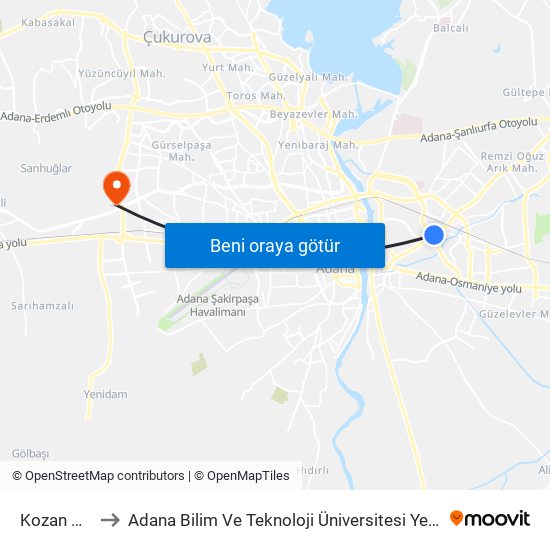 Kozan Cd. 5a to Adana Bilim Ve Teknoloji Üniversitesi Yeşiloba Yerleşkesi map