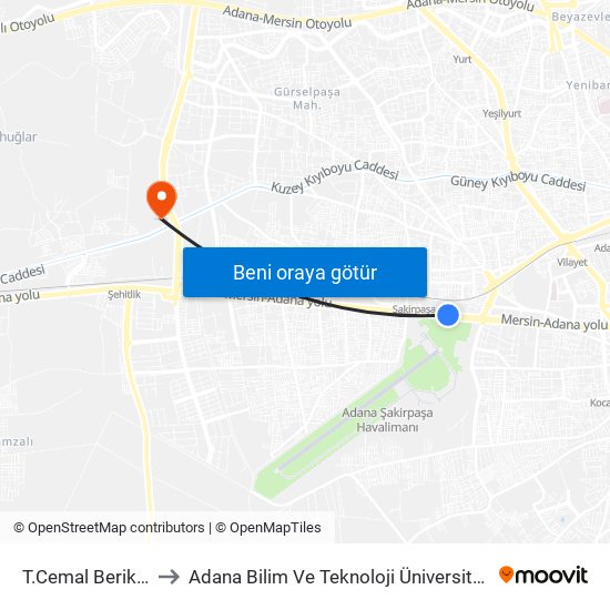 T.Cemal Beriker Blv. 10a to Adana Bilim Ve Teknoloji Üniversitesi Yeşiloba Yerleşkesi map