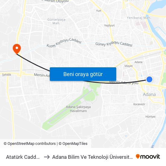 Atatürk Caddesi 2. Durak to Adana Bilim Ve Teknoloji Üniversitesi Yeşiloba Yerleşkesi map
