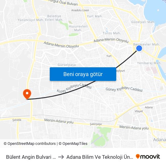 Bülent Angin Bulvari 6. Durak (Duygu Cafe) to Adana Bilim Ve Teknoloji Üniversitesi Yeşiloba Yerleşkesi map