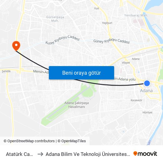 Atatürk Caddesi 1b to Adana Bilim Ve Teknoloji Üniversitesi Yeşiloba Yerleşkesi map