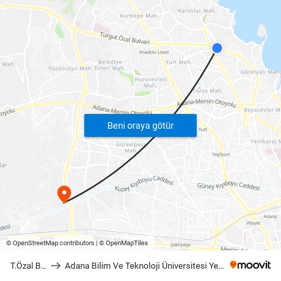 T.Özal Blv. 8a to Adana Bilim Ve Teknoloji Üniversitesi Yeşiloba Yerleşkesi map