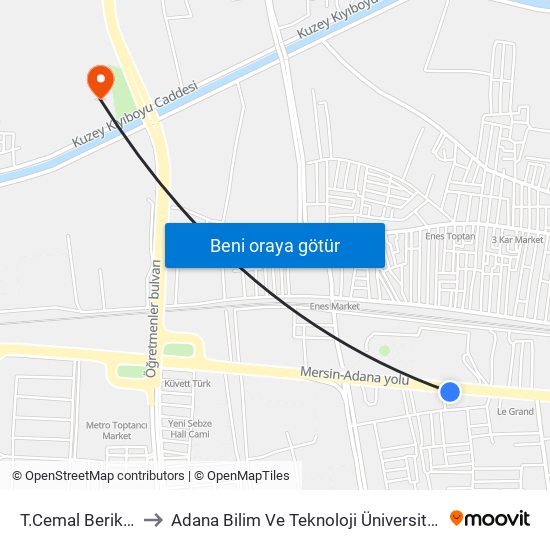 T.Cemal Beriker Blv. 16b to Adana Bilim Ve Teknoloji Üniversitesi Yeşiloba Yerleşkesi map