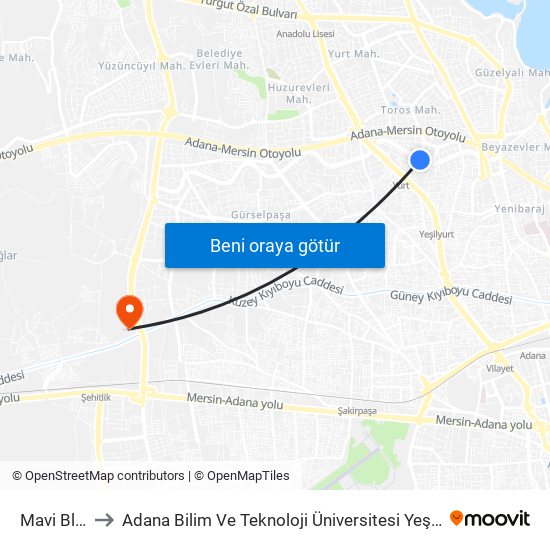 Mavi Blv. 4a to Adana Bilim Ve Teknoloji Üniversitesi Yeşiloba Yerleşkesi map