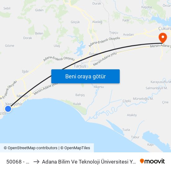 50068 - Çiftyol to Adana Bilim Ve Teknoloji Üniversitesi Yeşiloba Yerleşkesi map
