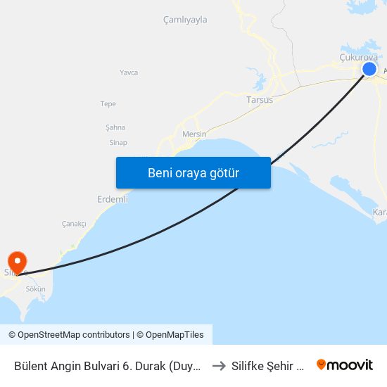Bülent Angin Bulvari 6. Durak (Duygu Cafe) to Silifke Şehir Stadı map