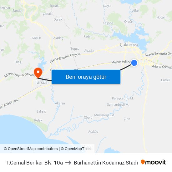 T.Cemal Beriker Blv. 10a to Burhanettin Kocamaz Stadı map