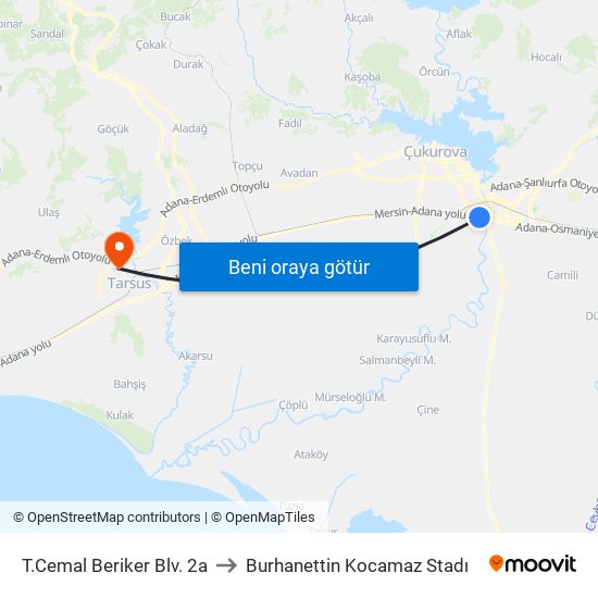 T.Cemal Beriker Blv. 2a to Burhanettin Kocamaz Stadı map