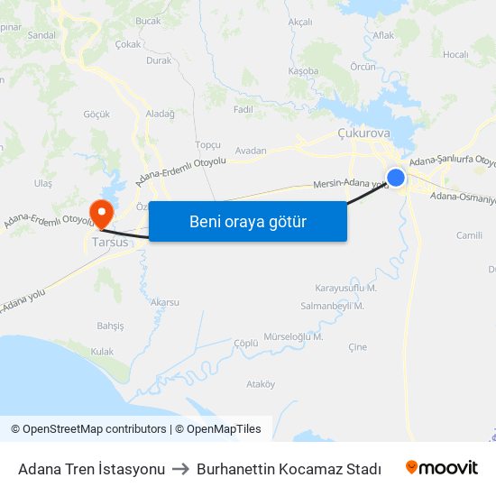 Adana Tren İstasyonu to Burhanettin Kocamaz Stadı map
