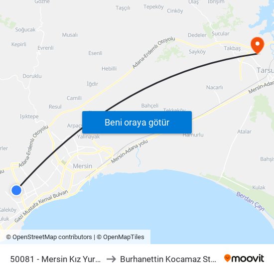 50081 - Mersin Kız Yurdu to Burhanettin Kocamaz Stadı map