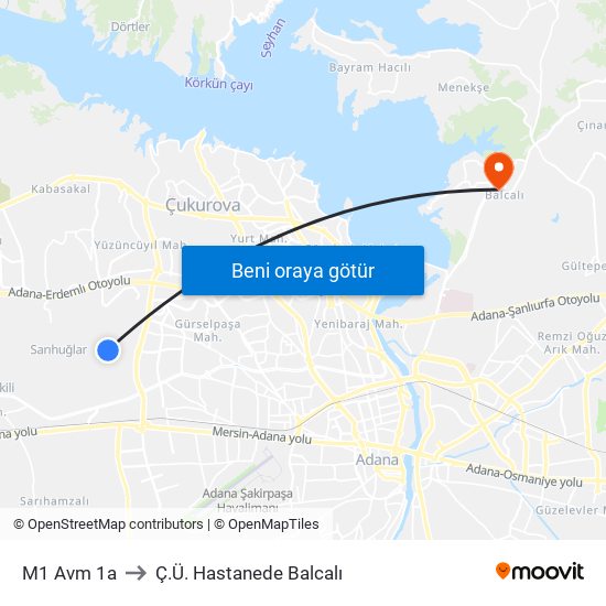 M1 Avm 1a to Ç.Ü. Hastanede Balcalı map