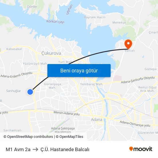 M1 Avm 2a to Ç.Ü. Hastanede Balcalı map