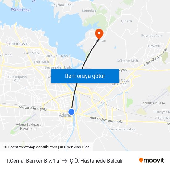 T.Cemal Beriker Blv. 1a to Ç.Ü. Hastanede Balcalı map