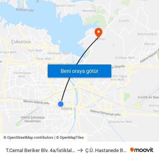 T.Cemal Beriker Blv. 4a/İstiklal Metro to Ç.Ü. Hastanede Balcalı map