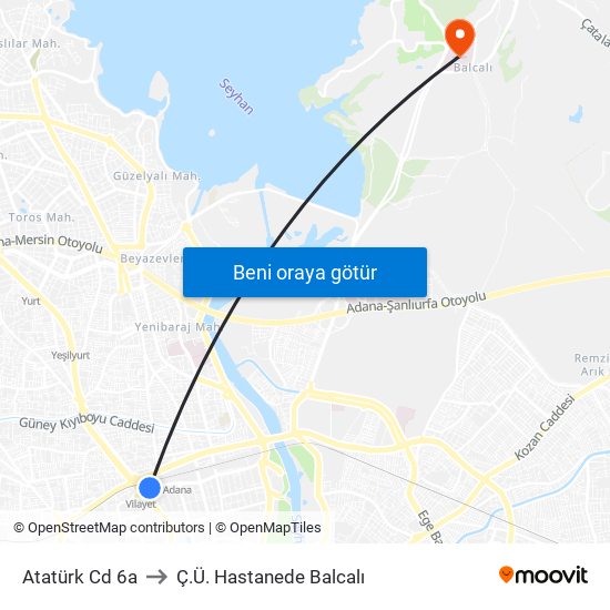 Atatürk Cd 6a to Ç.Ü. Hastanede Balcalı map