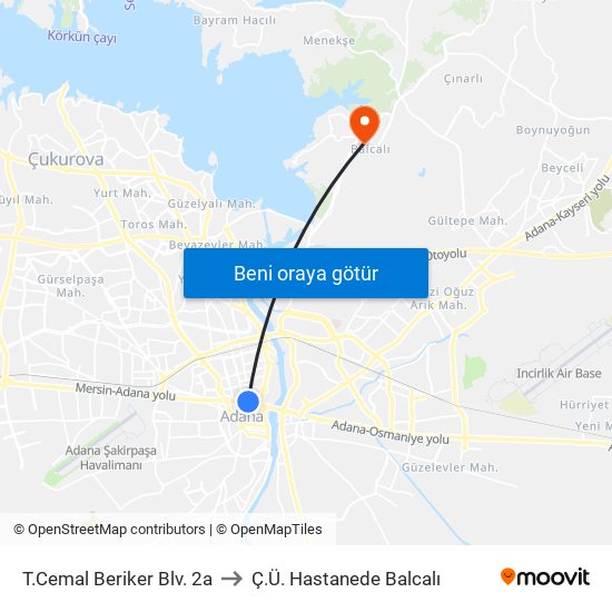 T.Cemal Beriker Blv. 2a to Ç.Ü. Hastanede Balcalı map