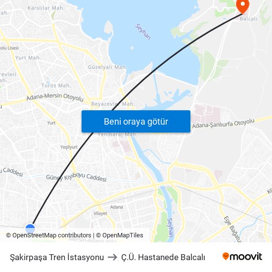 Şakirpaşa Tren İstasyonu to Ç.Ü. Hastanede Balcalı map