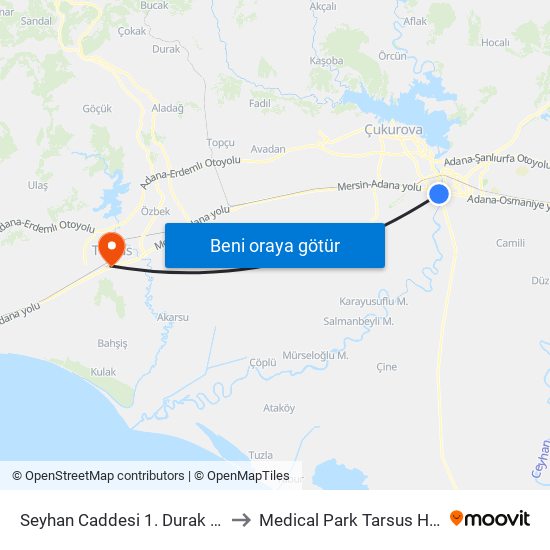 Seyhan Caddesi 1. Durak Taşköprü to Medical Park Tarsus Hastanesi map