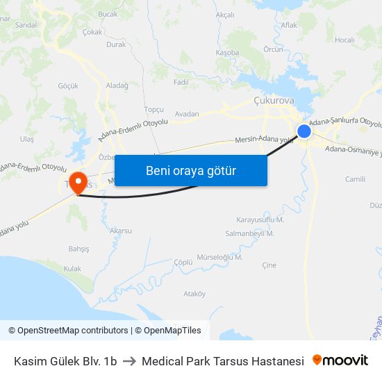 Kasim Gülek Blv. 1b to Medical Park Tarsus Hastanesi map