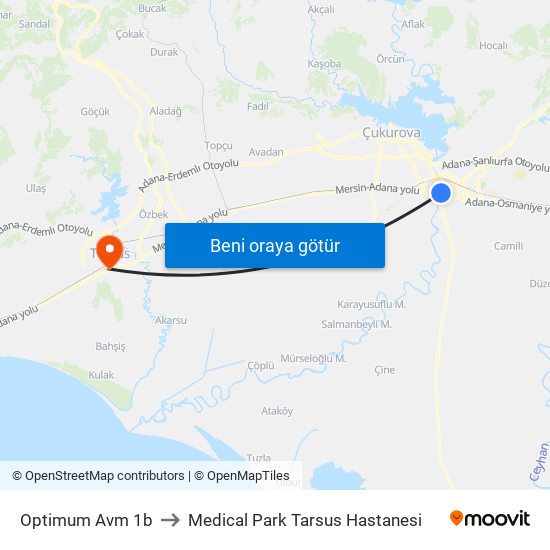 Optimum Avm 1b to Medical Park Tarsus Hastanesi map