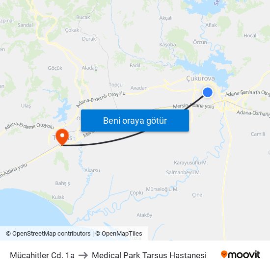 Mücahitler Cd. 1a to Medical Park Tarsus Hastanesi map