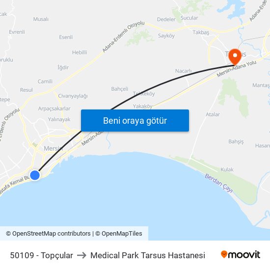 50109 - Topçular to Medical Park Tarsus Hastanesi map