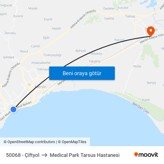 50068 - Çiftyol to Medical Park Tarsus Hastanesi map