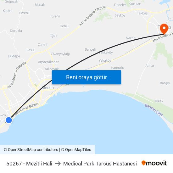 50267 - Mezitli Hali to Medical Park Tarsus Hastanesi map