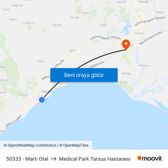 50333 - Martı Otel to Medical Park Tarsus Hastanesi map