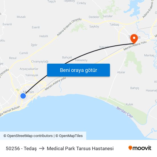 50256 - Tedaş to Medical Park Tarsus Hastanesi map