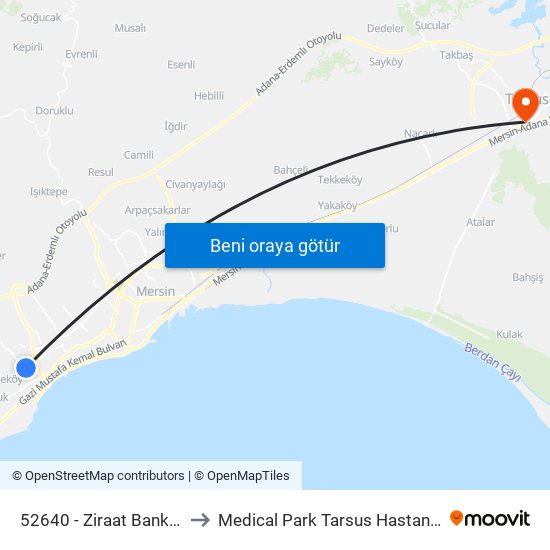 52640 - Ziraat Bankası to Medical Park Tarsus Hastanesi map
