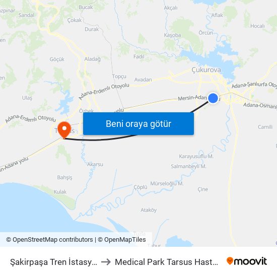 Şakirpaşa Tren İstasyonu to Medical Park Tarsus Hastanesi map