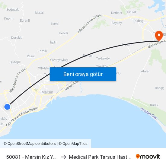 50081 - Mersin Kız Yurdu to Medical Park Tarsus Hastanesi map
