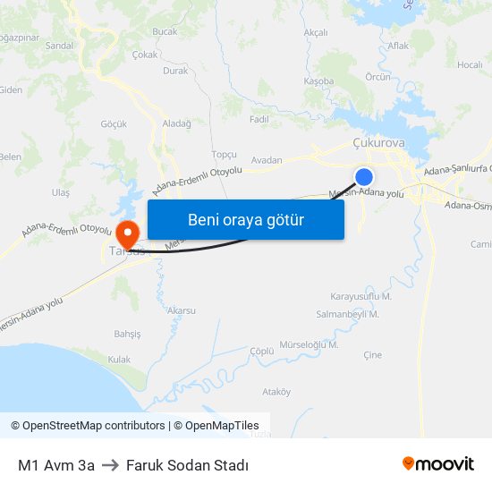 M1 Avm 3a to Faruk Sodan Stadı map