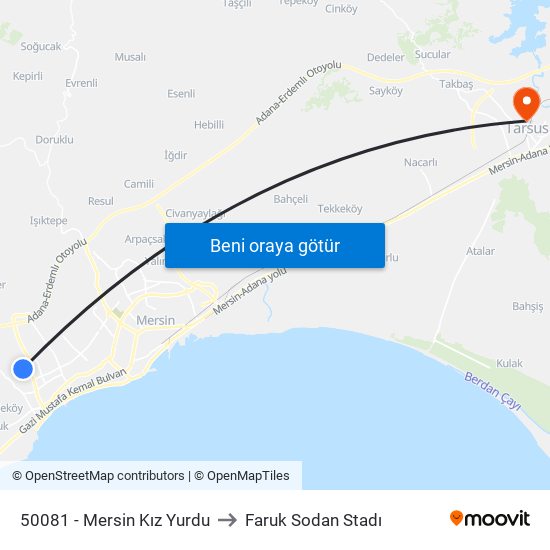 50081 - Mersin Kız Yurdu to Faruk Sodan Stadı map