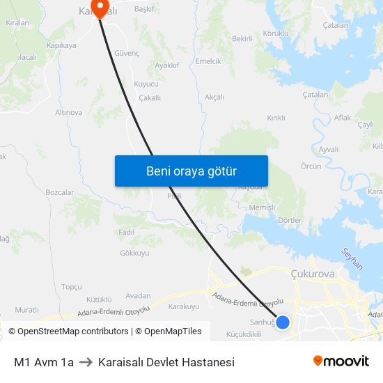 M1 Avm 1a to Karaisalı Devlet Hastanesi map