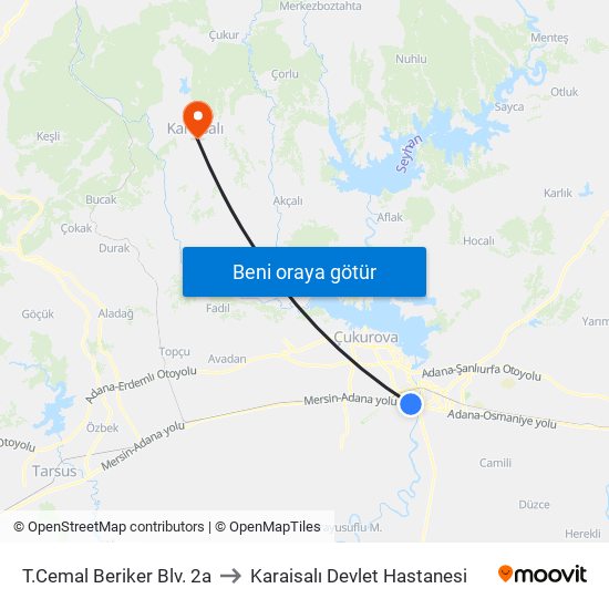 T.Cemal Beriker Blv. 2a to Karaisalı Devlet Hastanesi map
