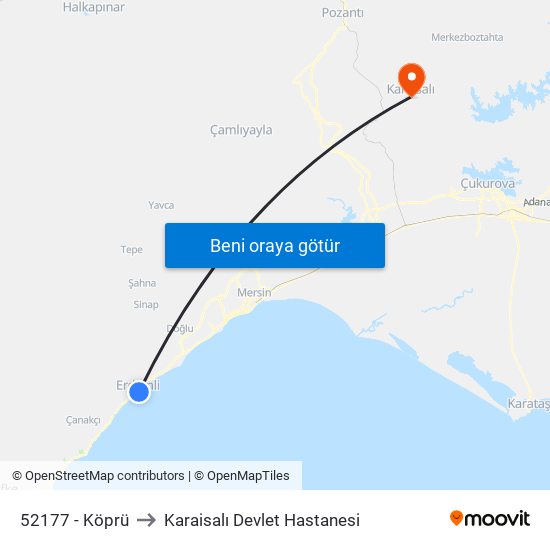 52177 - Köprü to Karaisalı Devlet Hastanesi map