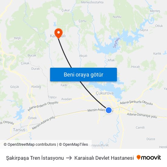 Şakirpaşa Tren İstasyonu to Karaisalı Devlet Hastanesi map