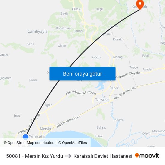 50081 - Mersin Kız Yurdu to Karaisalı Devlet Hastanesi map