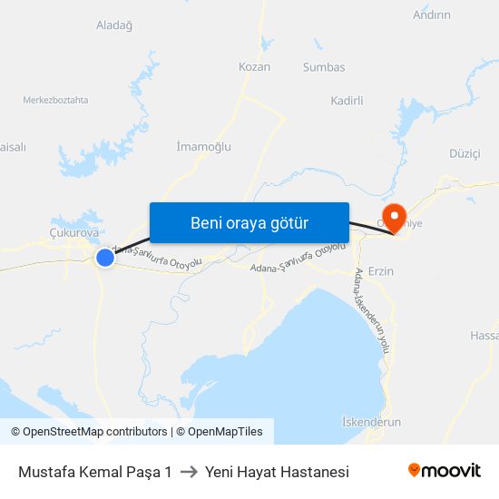 Mustafa Kemal Paşa 1 to Yeni Hayat Hastanesi map