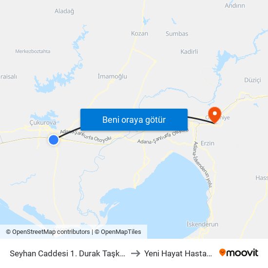 Seyhan Caddesi 1. Durak Taşköprü to Yeni Hayat Hastanesi map