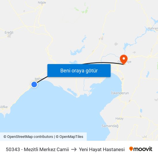 50343 - Mezitli Merkez Camii to Yeni Hayat Hastanesi map