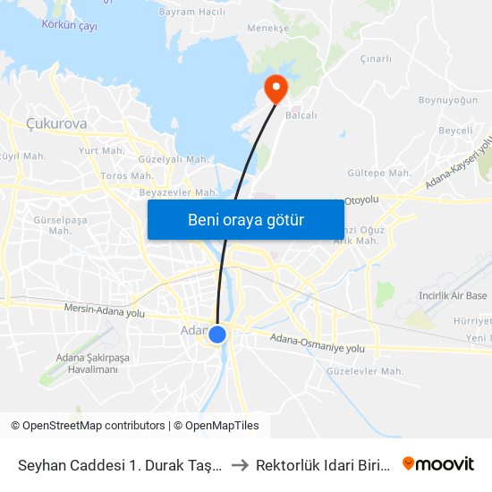 Seyhan Caddesi 1. Durak Taşköprü to Rektorlük Idari Birimleri map