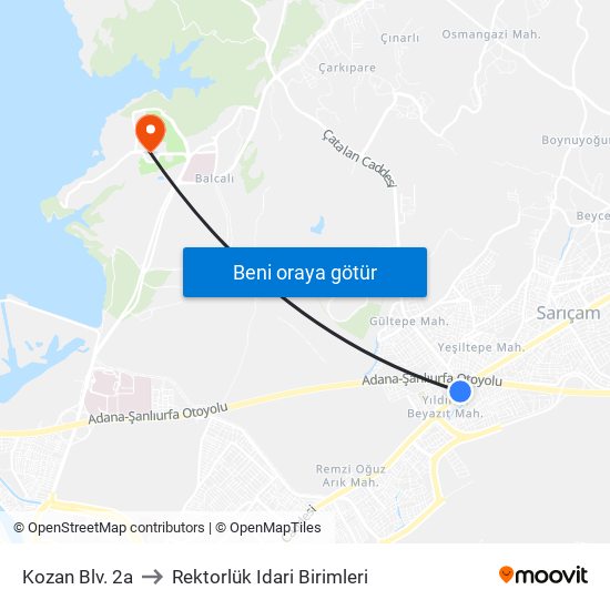 Kozan Blv. 2a to Rektorlük Idari Birimleri map