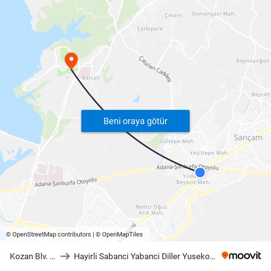 Kozan Blv. 2a to Hayirli Sabanci Yabanci Diller Yusekokulu map