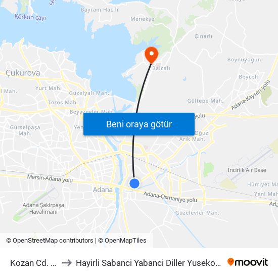 Kozan Cd. 1b to Hayirli Sabanci Yabanci Diller Yusekokulu map