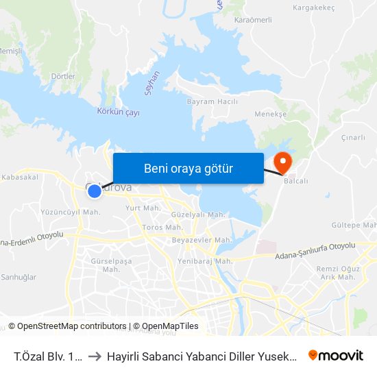 T.Özal Blv. 18b to Hayirli Sabanci Yabanci Diller Yusekokulu map