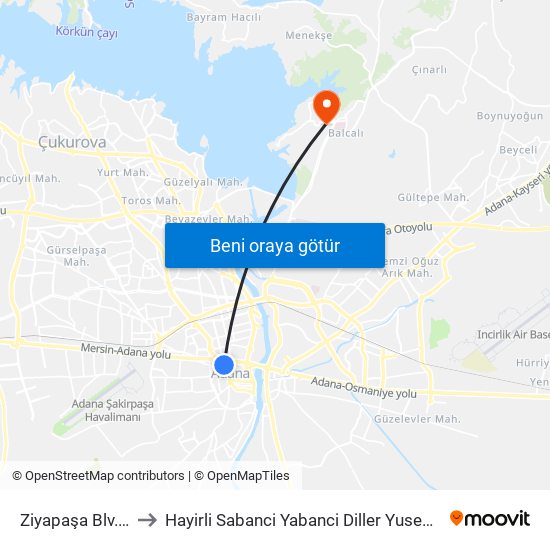 Ziyapaşa Blv. 1b to Hayirli Sabanci Yabanci Diller Yusekokulu map